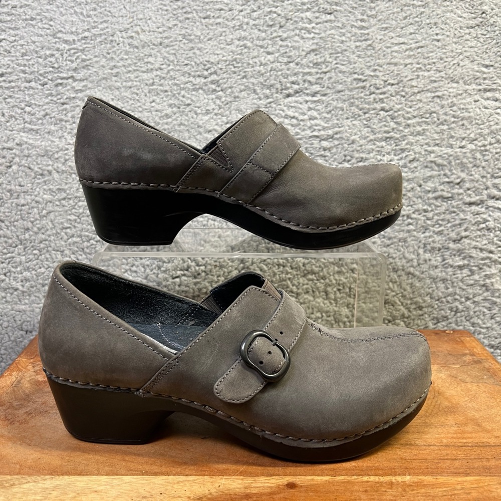 Dansko Clogs Shoes Women 7.5 38 Gray Leather Buckle Block Heel Mules Comfort